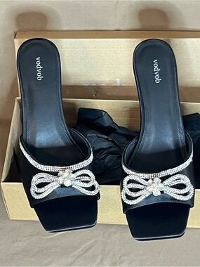Black Crystal Bow Slide Heels